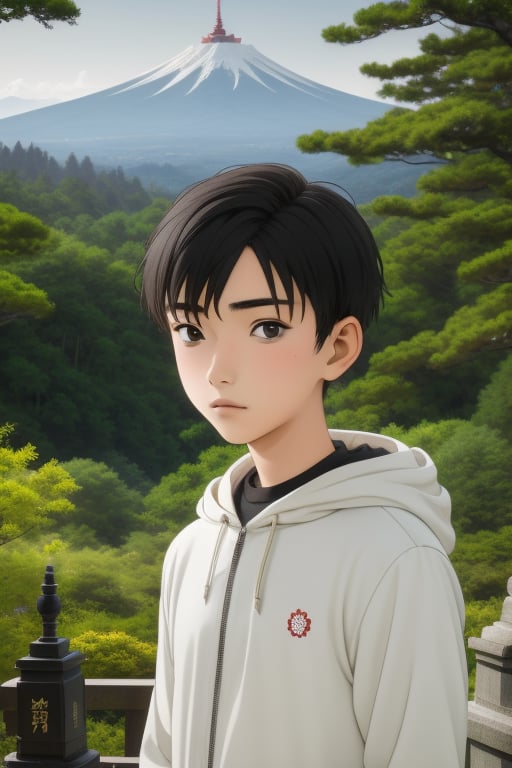 Hinode is a 16-year-old boy with short black hair and dark brown eyes. Slim build. He wears a black shirt and a white jacket with a hood, dark jeans. In the background there is a Japanese forest and a Japanese temple in the distance, 1boy, hinode, sciamano240