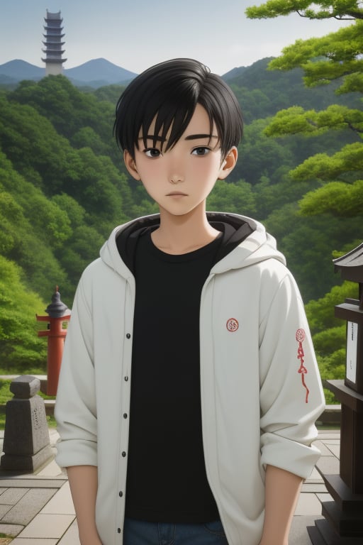 Hinode is a 16-year-old boy with short black hair and dark brown eyes. Slim build. He wears a black shirt and a white jacket with a hood, dark jeans. In the background there is a Japanese forest and a Japanese temple in the distance, 1boy, hinode, sciamano240