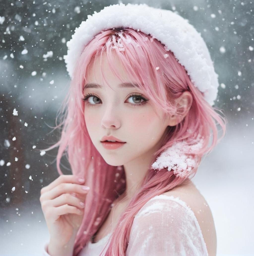 1 beautiful girl,Pink hair, white,snowing,<lora:blindbox_v1_mix:1.0>