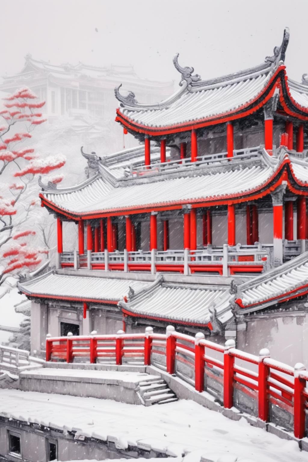 <lora:Chinese Architecture-R-000009:0.6>,chinese architecture,chinese tradition architecture, Red and gray tone buildings, red columns, cornice corners, red guardrails, white steps, light gray lines, a simple and clean background,snowing, <lora:blindbox_v1_mix:1.0>