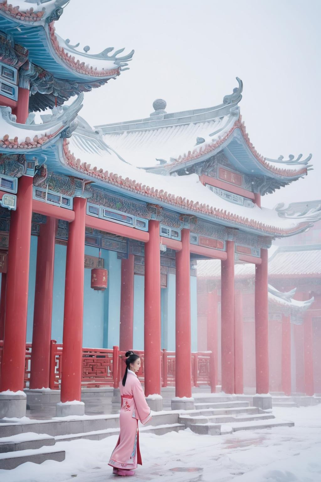 1 beautiful girl,,chinese architecture, Pink, white, light blue building with red columns and cornices, chinese tradition architecture,snowing,  <lora:Joi Qiao:0.6><lora:blindbox_v1_mix:1.0>