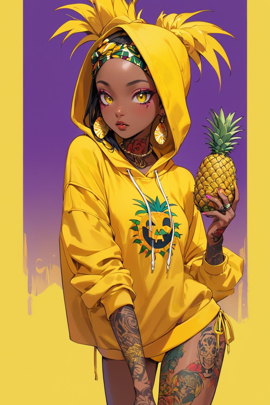 (A African black woman) holding a yellow pineapple. Her decked out in an yellow pineapple  themed ensemble,complete with yellow bikini and hoodie . Her laid-back demeanor contrasts with the vibrant,spooky accessories. ((on an pure yellow background)). array of tattoos,