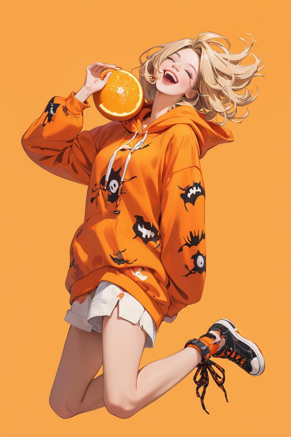 A gorgeous american woman is holding a big orange,happy and laugh, full body of fashion pose,Her decked out in an big orange themed ensemble,complete with a hoodie adorned, Her laid-back demeanor contrasts with the vibrant,spooky accessories. ((on an orange background)),