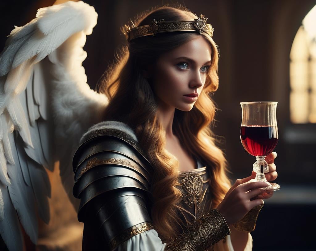 (Gorgeous Photo) of a angel dressed in medieval clothing holding a cup of wine,thematic background, side light, rim lighting, studio lighting, ultra quality, sharp focus, film grain, Fujifilm XT3, highly detailed glossy eyes, high detailed skin, skin pores,dark fantasy, romantic,dynamic fighting pose,,natural pose, dark fantasy style, raw, 32k uhd, dslr <lora:sdxl_lora_angel:0.8>