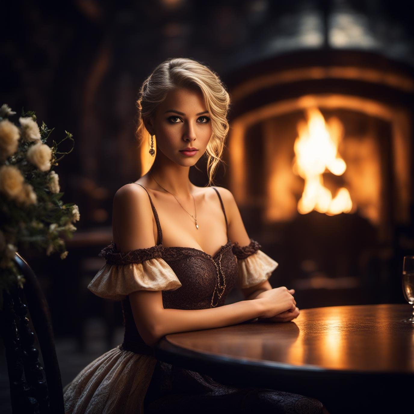 a young female, highlights in hair, sitting outside restaurant, brown eyes, wearing a dress, side light, a finnish blond girl, long dress, natural skin, (chained flowers:1.2), submissive, perfect ass, arched back, ([lookback : look over shoulder : 15]:1.6), (dark shot:1.2), twintails, (intricate details:1.12), (intricate details, hyperdetailed:1.15), hdr, dungeon, (at night:1.2), fireplace, warm light, dramatic light, cinematic, (closeup:1.2)