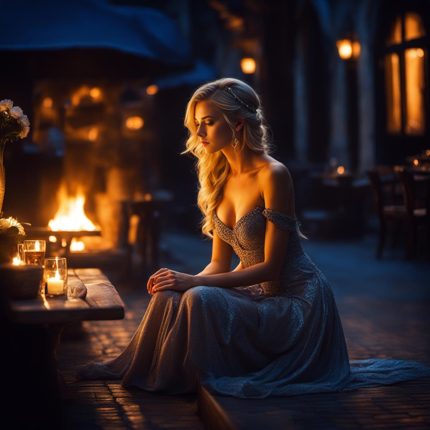 a young female, highlights in hair, sitting outside restaurant, brown eyes, wearing a dress, side light, a finnish blond girl, long dress, natural skin, (chained flowers:1.2), submissive, perfect ass, arched back, ([lookback : look over shoulder : 15]:1.6), (dark shot:1.2), twintails, (intricate details:1.12), (intricate details, hyperdetailed:1.15), hdr, dungeon, (at night:1.2), fireplace, warm light, dramatic light, cinematic, (closeup:1.2)