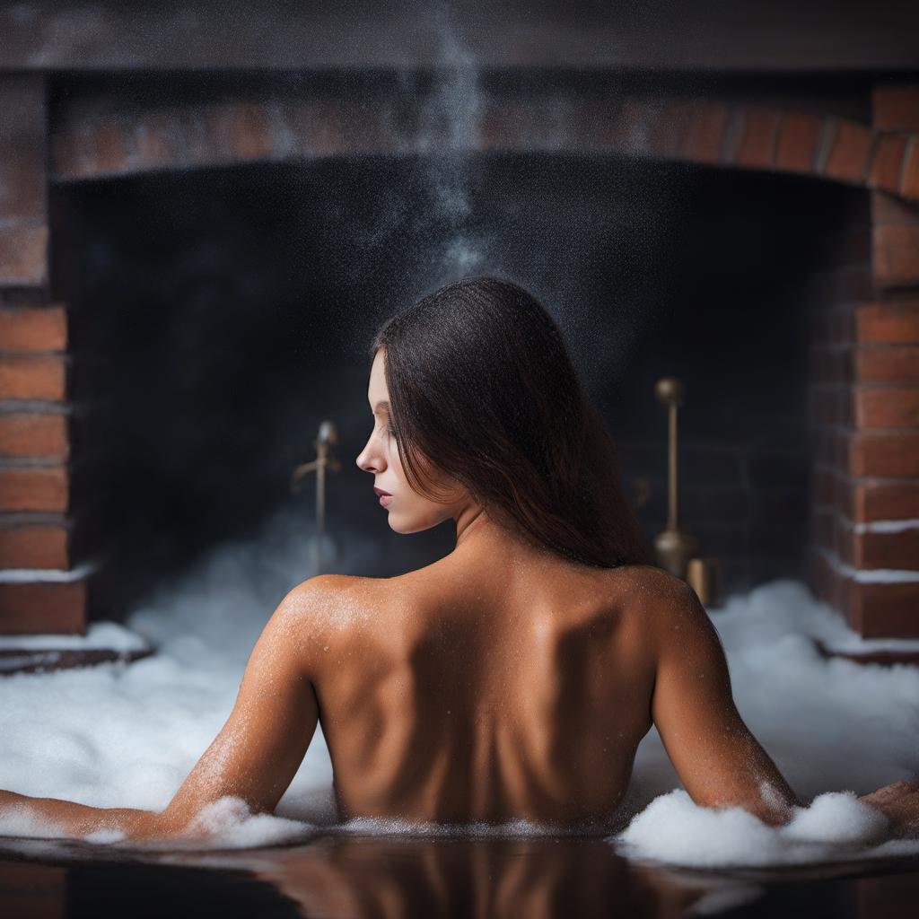 naked woman in the fireplace, water around, snowing