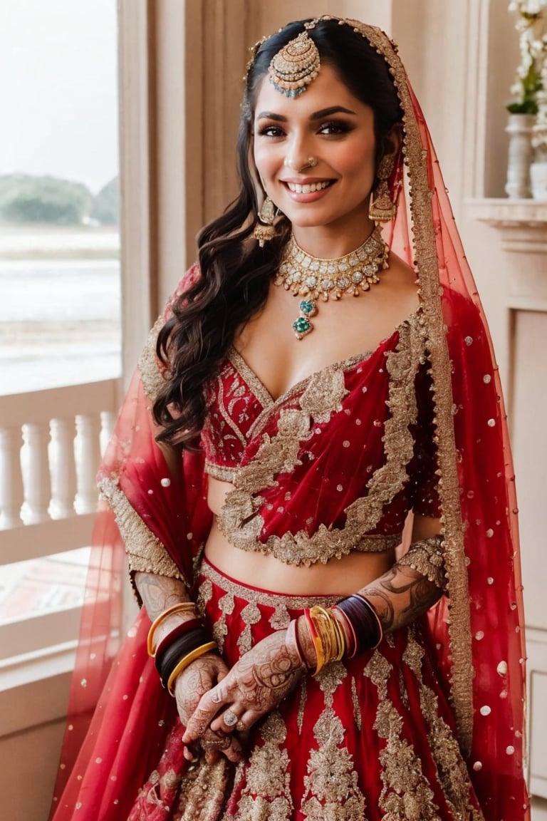 1girl, solo, long hair, looking at viewer, smile, black hair, jewelry, necklace, bracelet, window, tattoo, ring,indian_bride