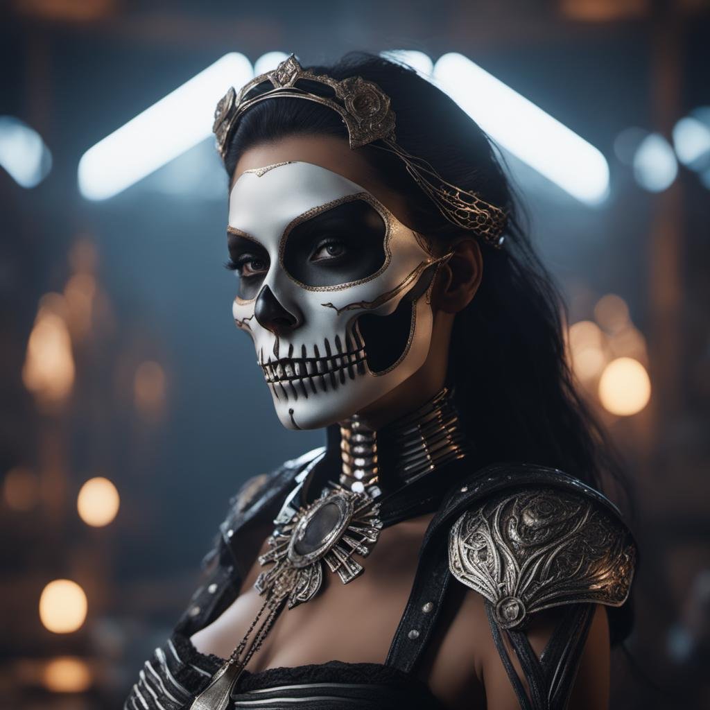 photo realistic, ultra details, natural light ultra detailed portrait of a female necromancer,  ((skeleton female face volumetric fog)), Hyperrealism, breathtaking, ultra realistic, ultra detailed, cyber background, cinematic lighting, highly detailed, breathtaking, photography, stunning environment, wide-angle,photo realistic, ultra details, fancy black bra,fancy belt,((dynamic pose)),octane render, Unreal Engine 5, Cinematic, Color Grading, portrait Photography, Ultra-Wide Angle, Depth of Field, hyper-detailed, insane details, Photoshoot, Shot on 70mm lens, Tilt Blur, Shutter Speed 1/1000, F/22