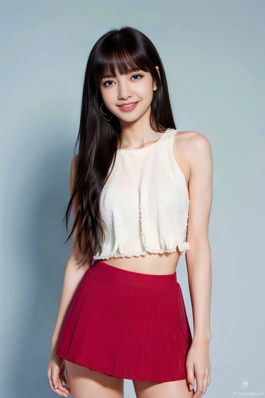 Lisa，best quality, miniskirt, long hair, smile, red eyes, colorful top