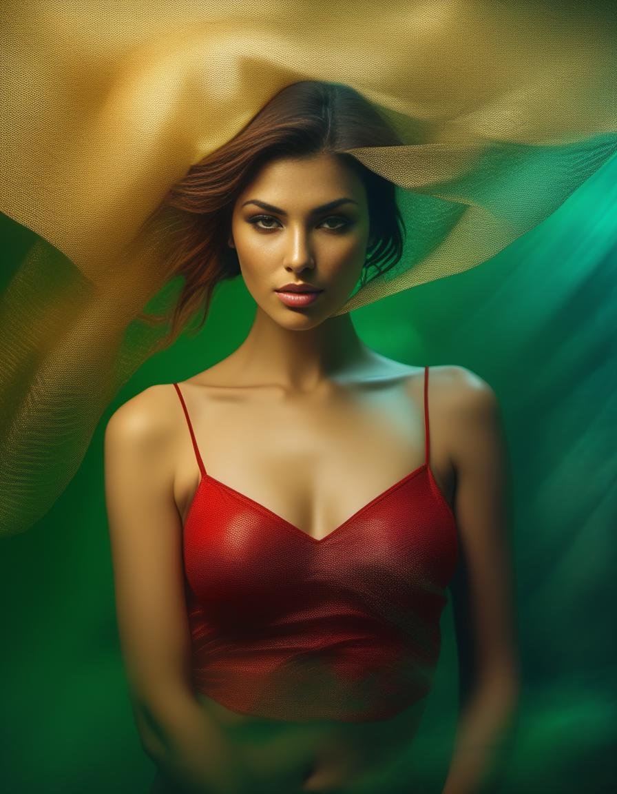 (ascii style), (cubism style),(Gorgeous Photo:1.4)  woman with small red tatoo (((suspended on a long gold fog))), in the background a rapid stream, silk green bra,,((best quality)), ((masterpiece)), ((realistic)) , RAW photo, photorealism, (photorealistic:1.5),(intricate details, hyperdetailed:1.15),hdr,uhd,8k, film grain, crytal clear,(red,blue,gold inkpunk), romanticism, by Marco Pandullo,