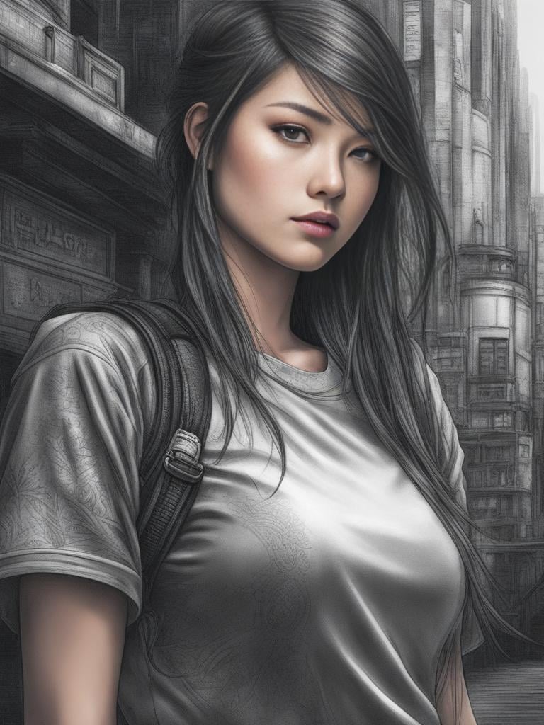 (Gorgeous manga:1.3) of (Ultra detailed manga:1.3), 8k, masterpiece, ((ultra detailed:1.1)), natural skin texture, 8k textures,glowing eyes,pencil sketch style, perfect european face,morning, woman in cyberpunk t-shirt, dark fantasy genre,(Gorgeous Photo:1.4) of (Ultra detailed:1.4), 16k, masterpiece,  16k textures, cinematic look, intricate,dream shaper photography,