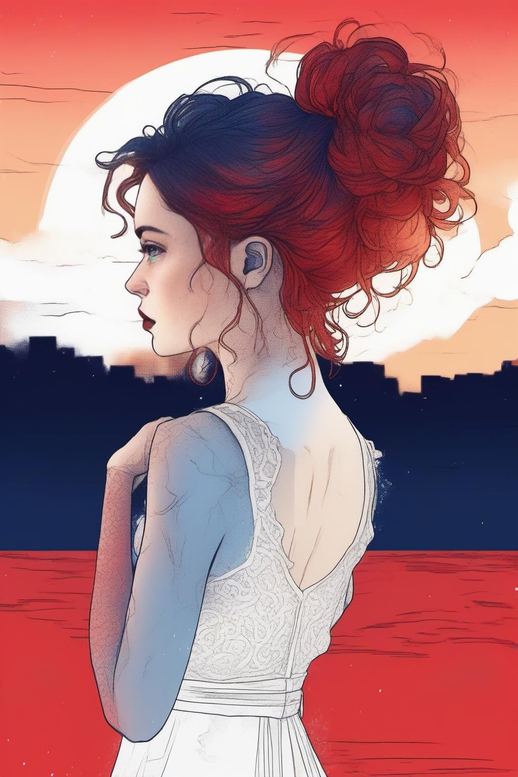 (inkpunk style illustration) of (red|blue|gold) short hair , messy bun hair style,a woman in a white dress standing in a livibroom at sunset or sunrise or sunset or rainimg or snowing, wearing a white dress with a lace back and a, Araceli Gilbert, cinematic photography, a marble sculpture, romanticism