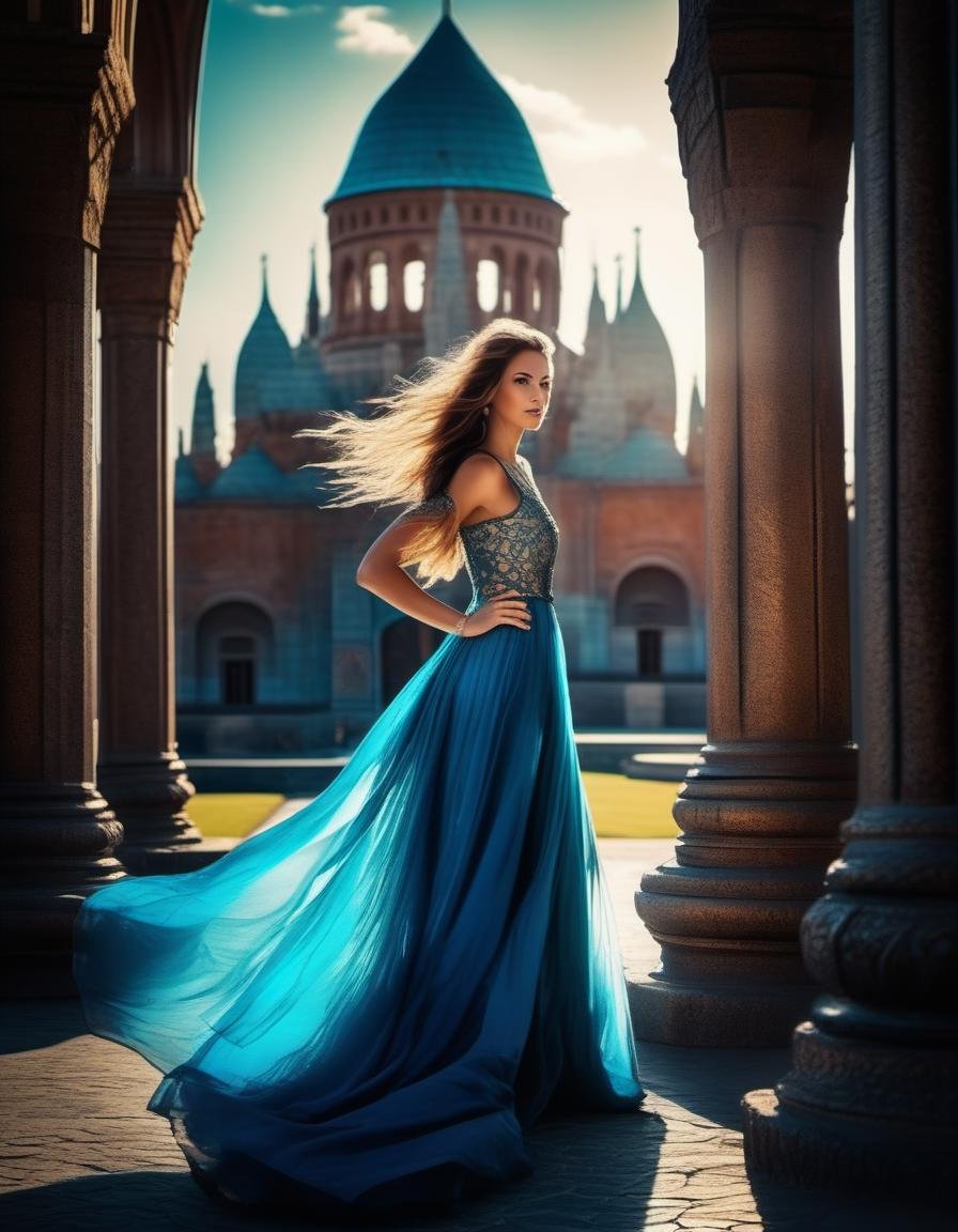 (ascii style), (cubism style),(Gorgeous Photo:1.4)  Waist insane Photography of 36 y.o. a running (sorcerer) Anna Kula with very long dress, a turquoise eyes with circular iris, natural pose, intricate details,dark blue long skirt,((glowing tower in the background)), distance view,dark fantasy style photo, fantasy photo, fantasy style photo, epic fantasy style photo, fantasy photo style, in style of dark fantasyphoto, fantasy genre photo,,((best quality)), ((masterpiece)), ((realistic)) , RAW photo, photorealism, (photorealistic:1.5),(intricate details, hyperdetailed:1.15),hdr,uhd,8k, film grain, crytal clear,(red,blue,gold inkpunk), romanticism, by Marco Pandullo,