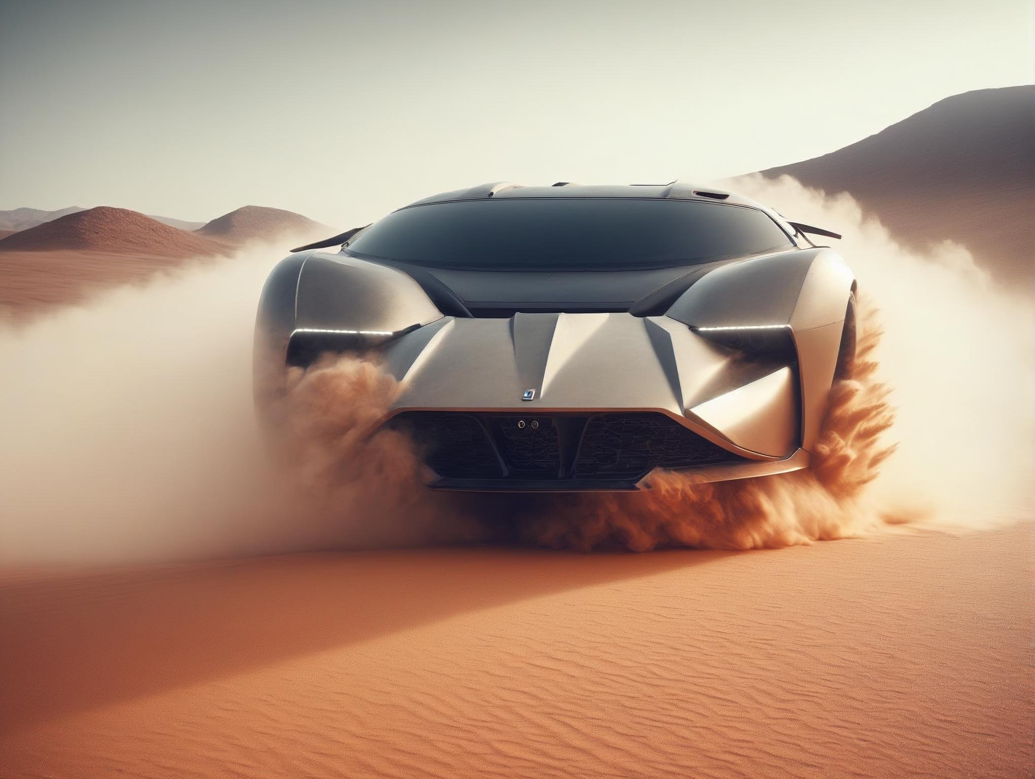 Photograph of  Futuristic car on street in  desert, sand storm , captured on a (Hasselblad X1D II 50C)