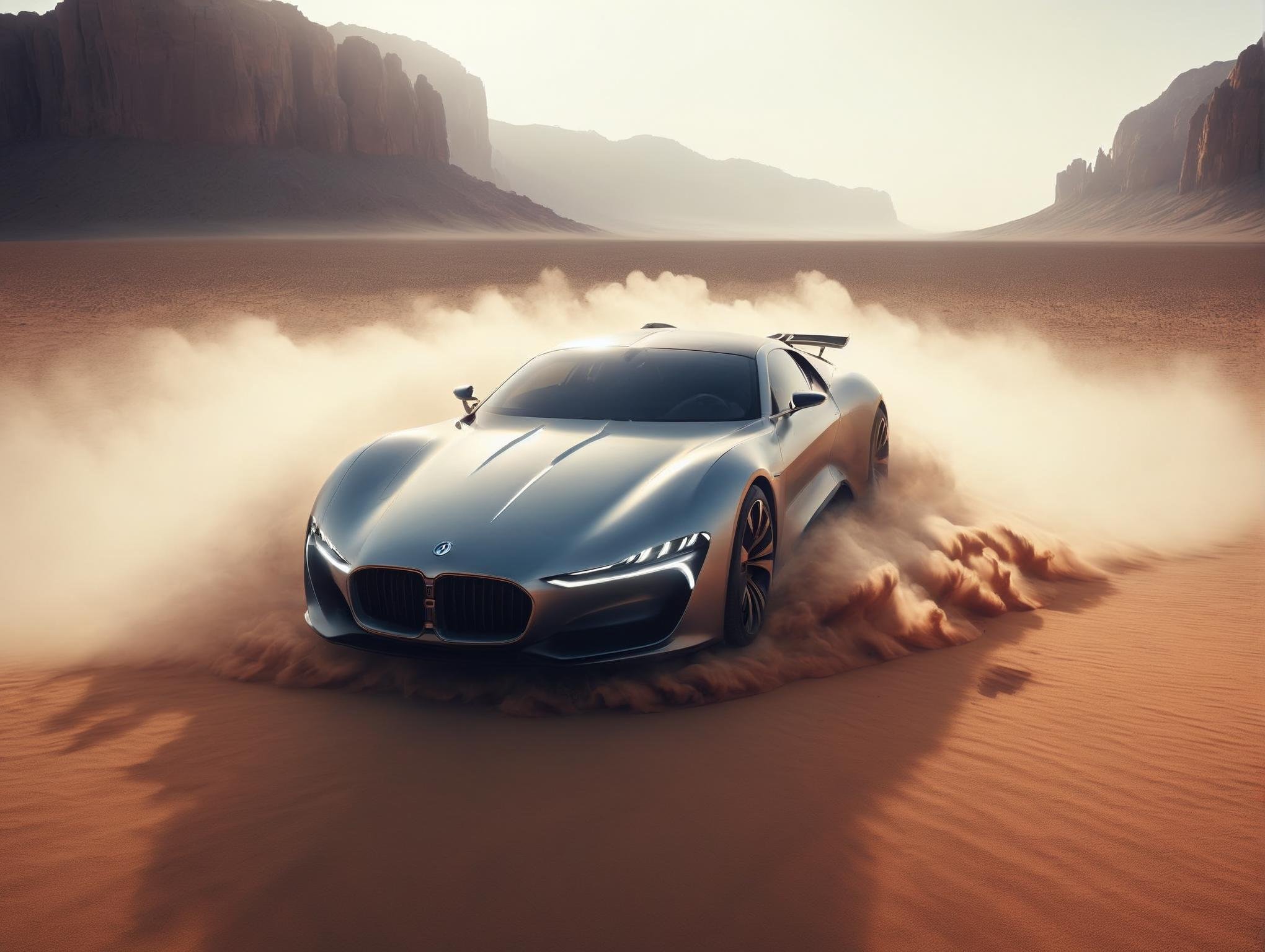 Photograph of  Futuristic car on desert , captured on a (Hasselblad X1D II 50C)