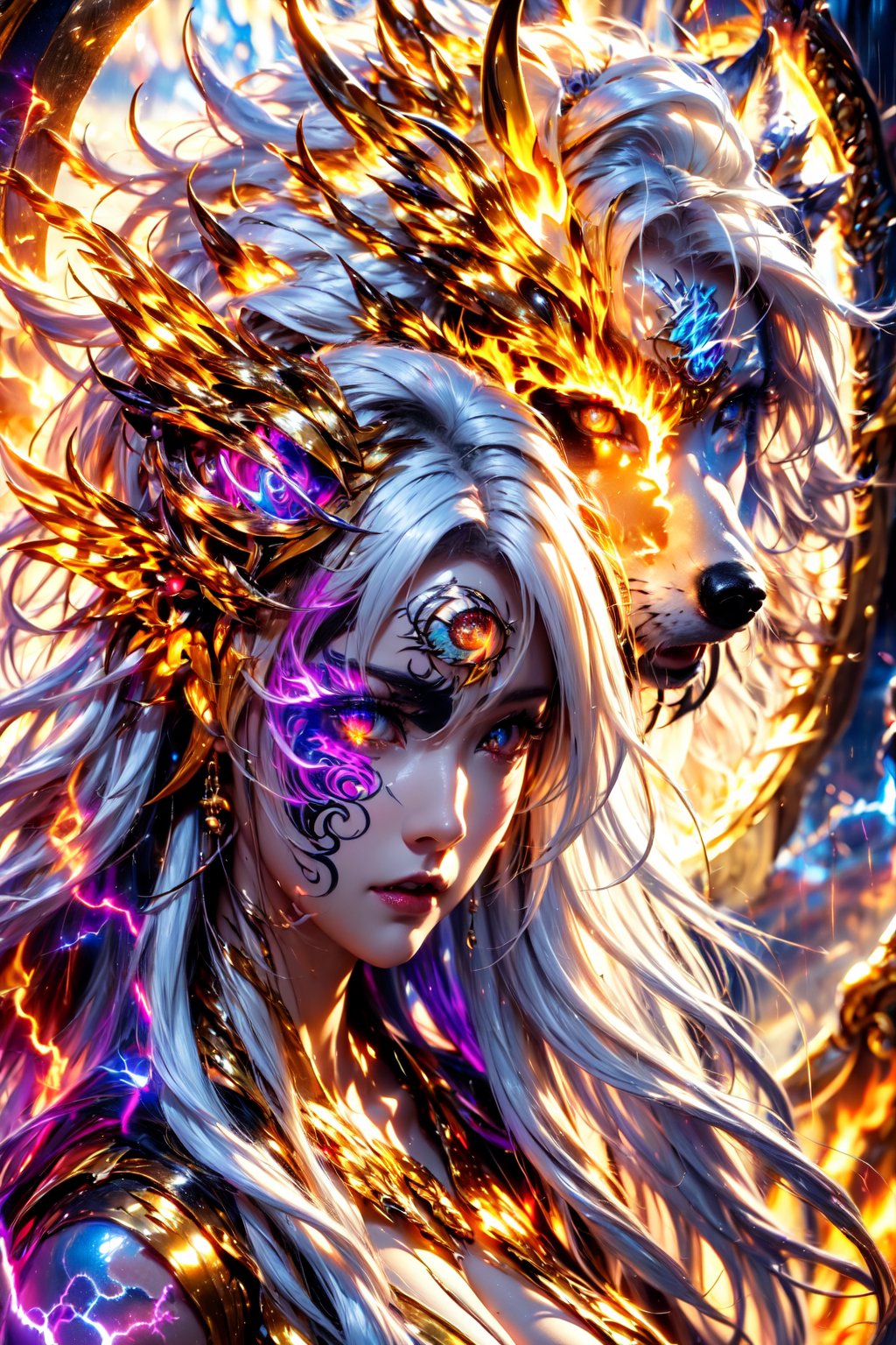 (((white hair))),  (((goddess))), (((busty))),  (((lightning eye))),  (((fire))),  (((magic circle))),  (((tattoo))),  (((wolf ears))),  best quality,  masterpiece,  beautiful and aesthetic,  16K,  (HDR:1.4),  high contrast,  bokeh:1.2,  lens flare,  (vibrant color:1.4),  (muted colors,  dim colors,  soothing tones:0),  cinematic lighting,  ambient lighting,  sidelighting,  Exquisite details and textures,  cinematic shot,  Warm tone,  (Bright and intense:1.2),  wide shot,  by playai,  ultra realistic illustration,  siena natural ratio,  anime style,<lora:EMS-282309-EMS:0.800000>