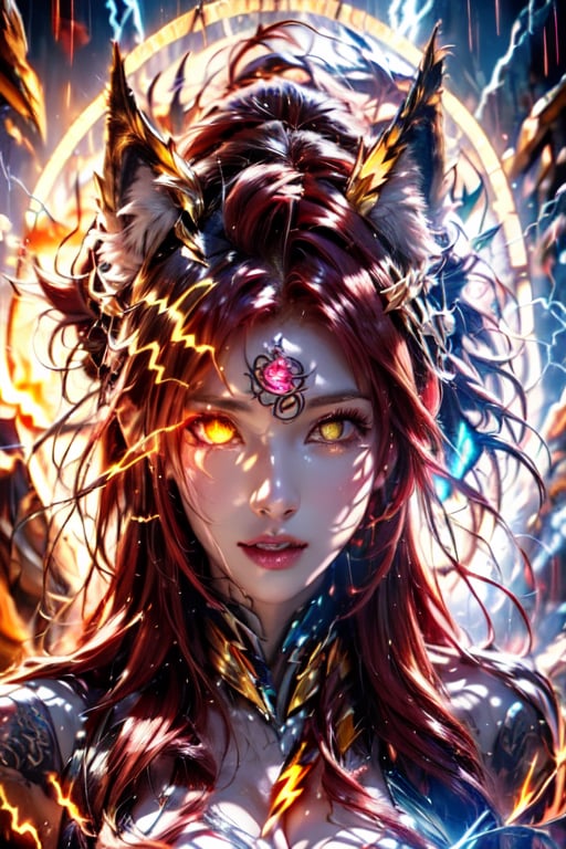 (((red hair))),  (((goddess))), (((busty))),  (((lightning eye))),  (((fire eye))),  (((lightning))), (((fire))), (((magic circle))),  (((tattoo))),  (((wolf ears))),  best quality,  masterpiece,  beautiful and aesthetic,  16K,  (HDR:1.4),  high contrast,  bokeh:1.2,  lens flare,  (vibrant color:1.4),  (muted colors,  dim colors,  soothing tones:0),  cinematic lighting,  ambient lighting,  sidelighting,  Exquisite details and textures,  cinematic shot,  Warm tone,  (Bright and intense:1.2),  wide shot,  by playai,  ultra realistic illustration,  siena natural ratio,  anime style,<lora:EMS-282309-EMS:0.800000>