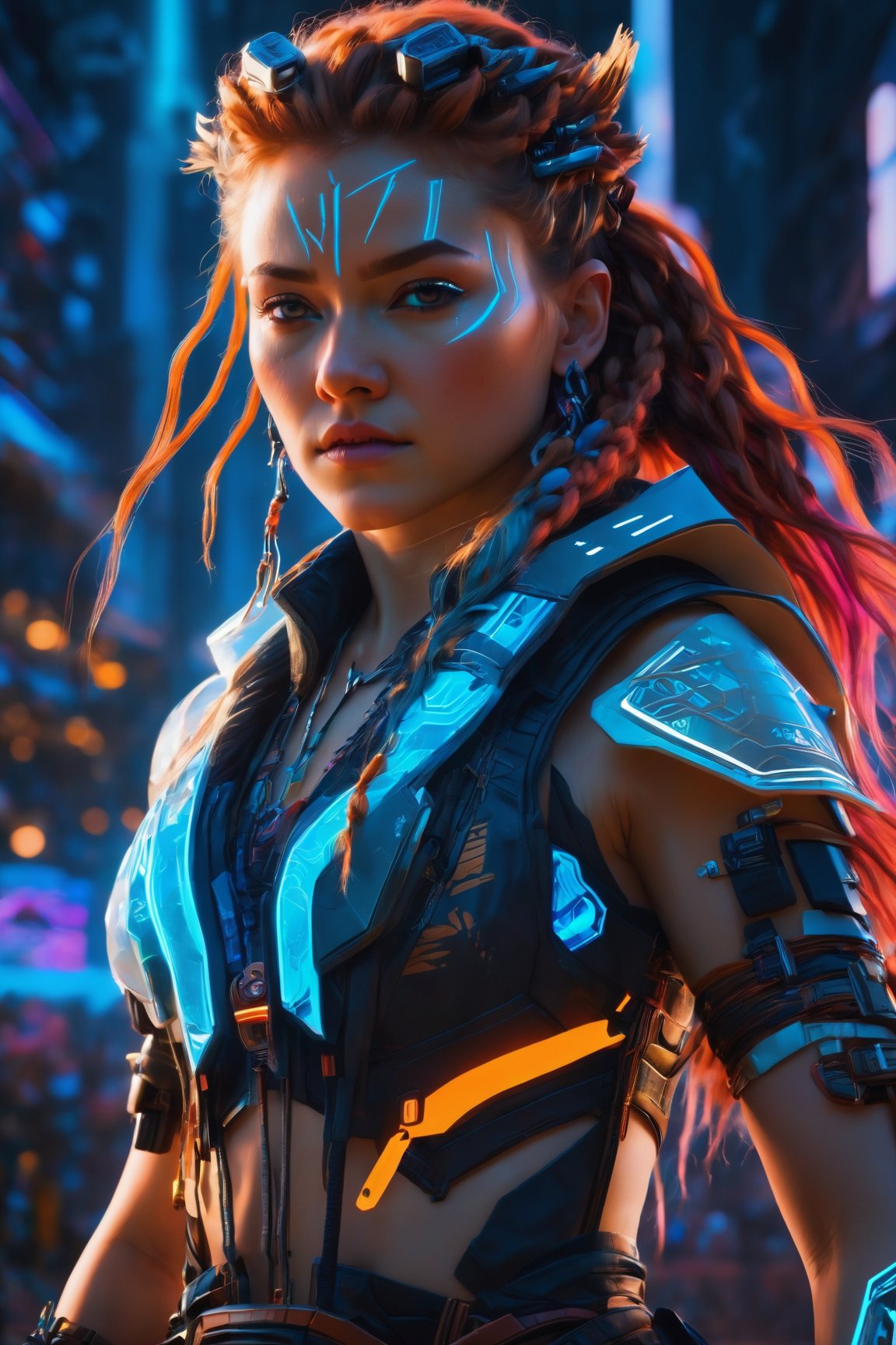 (best quality, 4K, 8K, highres), ultra-detailed, (futuristic cyberpunk illustration) portraying an American Caucasian heroine reminiscent of Aloy from Horizon Zero Dawn. Immerse yourself in a mesmerizing digital realm where this iconic character dons a cutting-edge cyberpunk ensemble, covering her entire figure. The high-resolution artwork unveils a world of urban sleekness, featuring Aloy in a sleek and modern cyberpunk outfit that gleams with reflective surfaces and neon accents, creating a visually striking and technologically advanced aesthetic. The artist's skilled strokes vividly capture Aloy's determination and strength, with atmospheric lighting that intensifies the cyberpunk ambiance. An exceptional masterpiece that seamlessly fuses gaming and cyberpunk elements, presenting Aloy in a new light that resonates with awe-inspiring futuristic glory