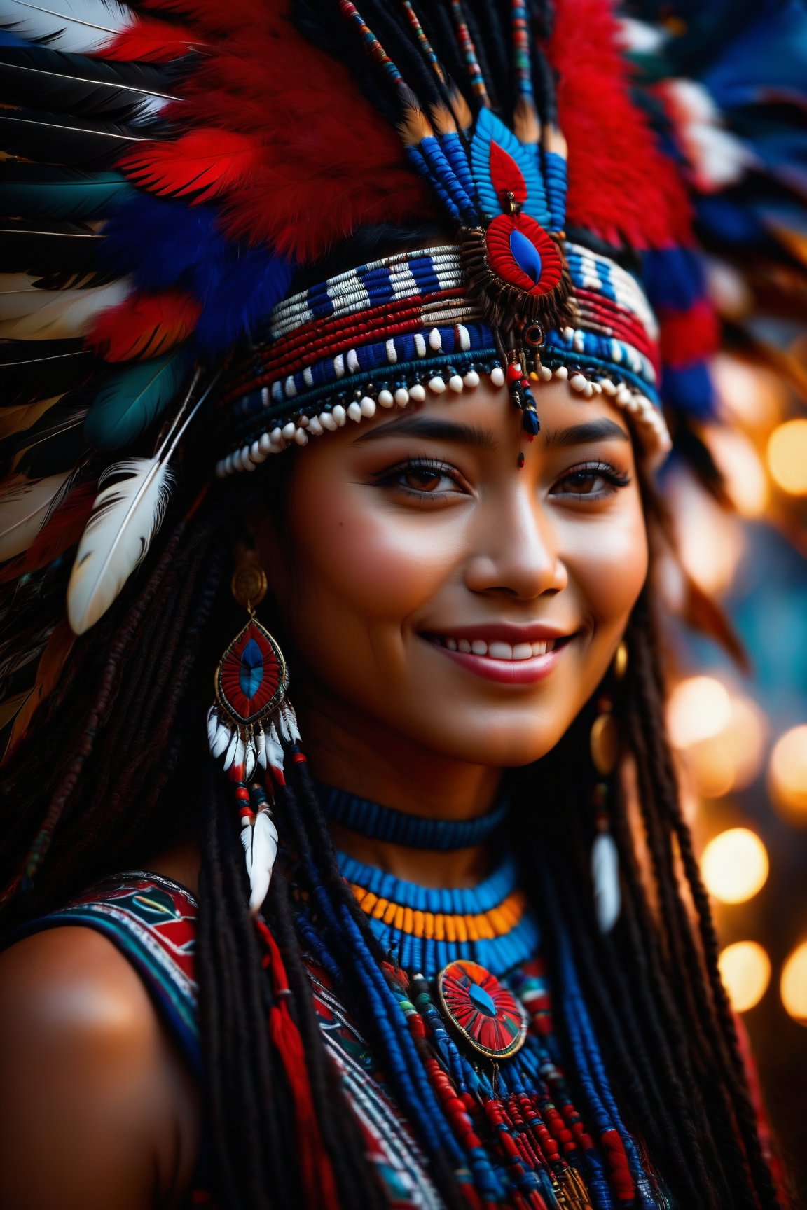 (best quality, 4k, highres, masterpiece:1.2), ultra-detailed, (realistic:1.37), indigenous girl, red black harness, feathers in long dread hair, high heels boots, accessories on arm, beautiful detailed eyes, beautiful detailed lips, ethnic clothing, traditional patterns, graceful posture, subtle smile, vibrant colors, bokeh lighting, portraits