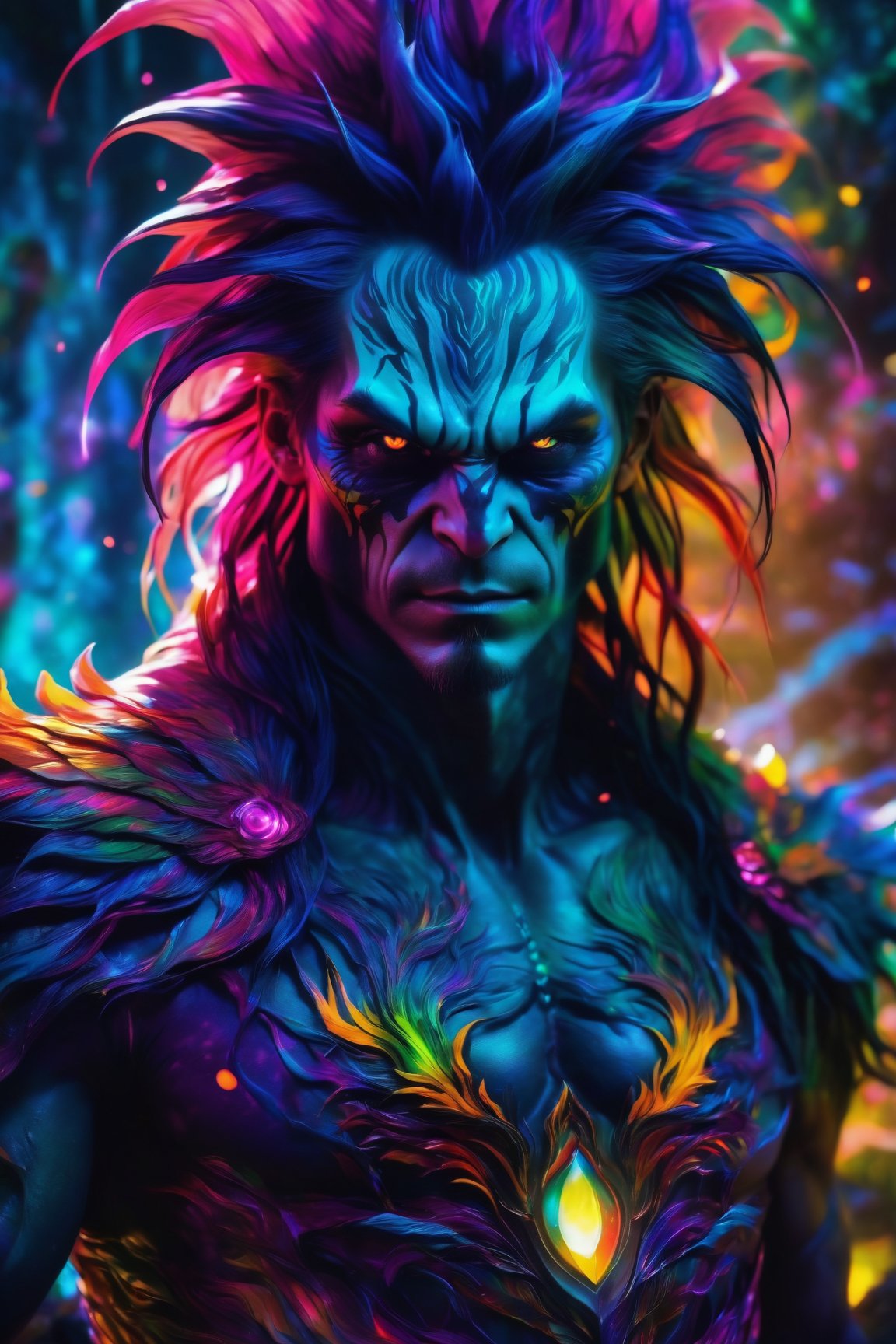 (best quality, 8K, highres, masterpiece), ultra-detailed, (photorealistic, cinematic), illustration painting of a luminous and enchanting bad guy undead/human-like creature with vibrant and dynamic anime-style colors. The creature, with dark, colorful hair, strikes a dynamic pose in a brilliantly lit fantasy realm environment filled with a kaleidoscope of colors. The mid-shot composition and rule of thirds depth of field emphasize intricate details, creating a fantastical realm that bursts with subtle and vibrant colors. The use of light particles enhances the scene's grandeur and awe, making it a stunning visual masterpiece in a double-exposure style. The strong outlines contribute to the scene's cinematic feel, creating a super colorful and visually captivating narrative