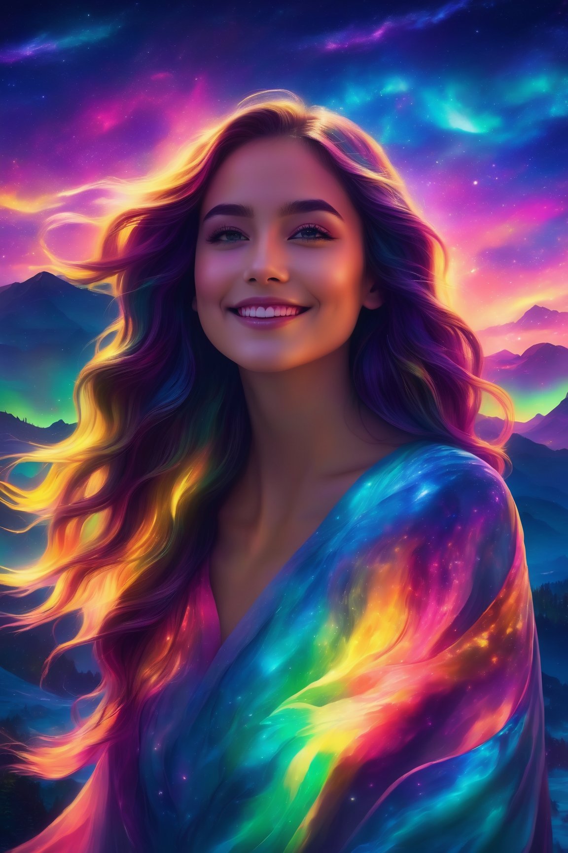 (best quality, 8K, highres, masterpiece), ultra-detailed, (super colorful, vibrant), enchanting image of a beautiful girl with a shoulder-length angled blunt-ends hairstyle. Her smile radiates warmth and positivity without any hint of arrogance. She stands gracefully under the mesmerizing glow of the aurora borealis in a vibrant night scene. The surrounding atmosphere is filled with a kaleidoscope of colors, creating a vibrant and ethereal dance of light. The girl embodies Nocturnal Grace, exuding Silent Luminescence amidst the Midnight Flutter of colors and the Whispering Silent beauty of the night. Every moment is an Iridescent Encounter with the Moonlit Shadow, celebrating a captivating and colorful display of artistry.