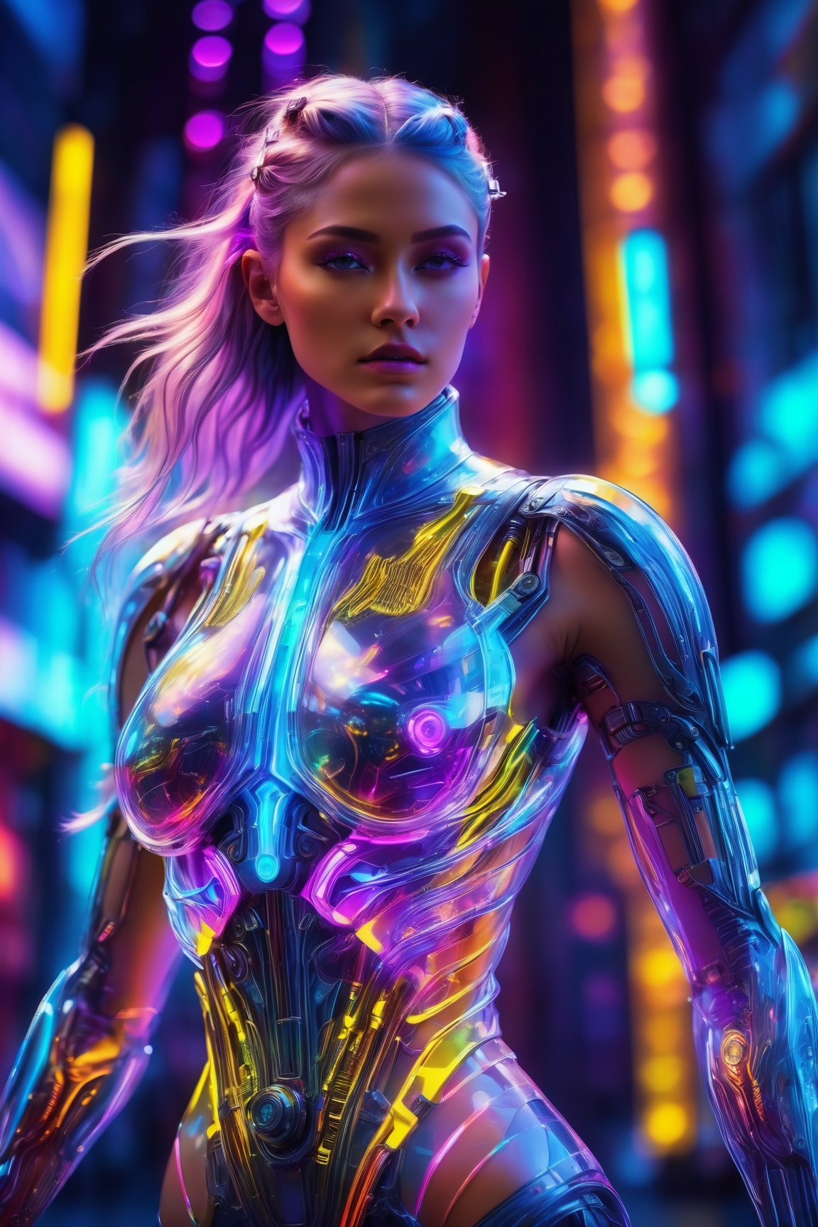 (best quality, 4k, 8k, highres, masterpiece:1.2), ultra-detailed, (realistic, photorealistic, photo-realistic:1.37), cyborg woman, transparent rib cage made of glass, neon cables, gears inside the glass body, glowing circuits, futuristic mechanical parts, cybernetic enhancements, metallic skin, stunning silver hair flow, piercing eyes, high-tech headset, sleek and angular body, dynamic pose, urban background, neon-lit cityscape, vibrant colors, holographic projections, dramatic lighting