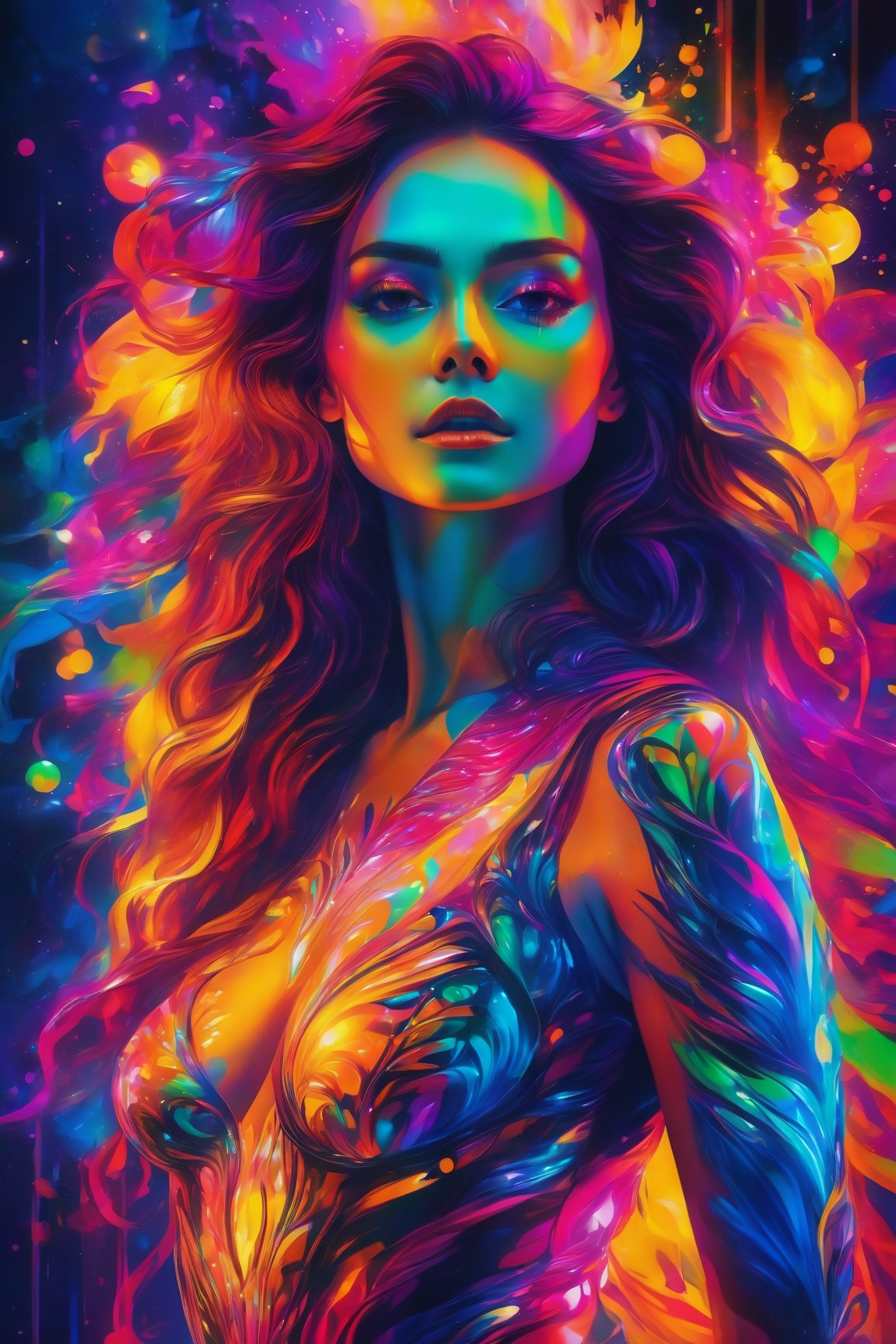 (best quality, 8K, highres, masterpiece), ultra-detailed, illustration of Marta Gromova, a phantasmagorical figure with an emphasis on vivid colors. The silhouette of the woman features (translucent skin:1.5) and (translucent body:1.5), illuminated by neon lights and an array of vibrant light particles. The composition bursts with a super colorful palette, embracing lively CMYK colors and a stunning backlit effect, creating a visually striking and captivating portrayal