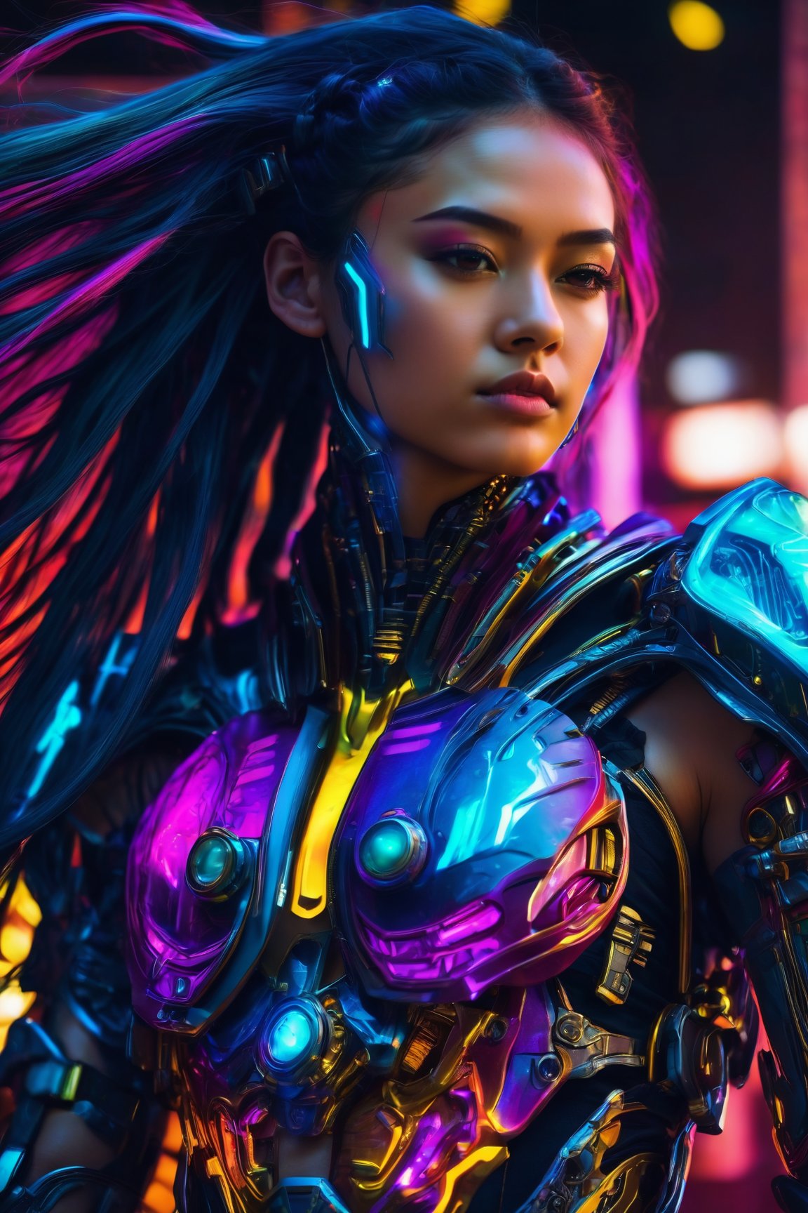 (best quality,8K,highres,masterpiece), ultra-detailed, (futuristic cyborg concept), featuring a cyborg girl with an intricate cyborg skeleton-style body armor that showcases advanced technology and biomechanical aesthetics. Her armor, a masterpiece of cybernetic engineering, is both protective and elegantly designed, revealing the seamless integration of machine and human form. The girl's hair adds a striking contrast to her metallic frame; it's a wild, colorful cascade of messy strands, incorporating vibrant hues that seem almost alive, glowing with neon brightness against the sleek, dark expanse of her armor. This vivid display of color amidst the mechanical, brings a unique personality and depth to the cyborg, highlighting her hybrid nature as a fusion of human spirit and futuristic technology, high quality, high detail, high resolution.