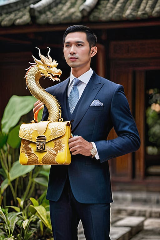 A dapper Vietnamese businessman stands tall, dressed in a regal ao dai adorned with a mesmerizing gold dragon pattern. He confidently holds a luxurious LV bag, exuding an air of sophistication. The dignified figure is framed against the backdrop of a serene pagoda, accompanied by a serene monk. This visually-stunning photograph captures the essence of opulence and cultural elegance, radiating an aura of superior craftsmanship and impeccable style.