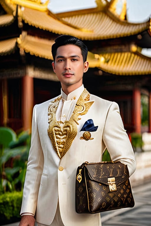 A dapper Vietnamese businessman stands tall, dressed in a regal white suit adorned with a mesmerizing gold dragon pattern. He confidently holds a luxurious LV bag, exuding an air of sophistication. The dignified figure is framed against the backdrop of a serene pagoda, accompanied by a serene monk. This visually-stunning photograph captures the essence of opulence and cultural elegance, radiating an aura of superior craftsmanship and impeccable style.