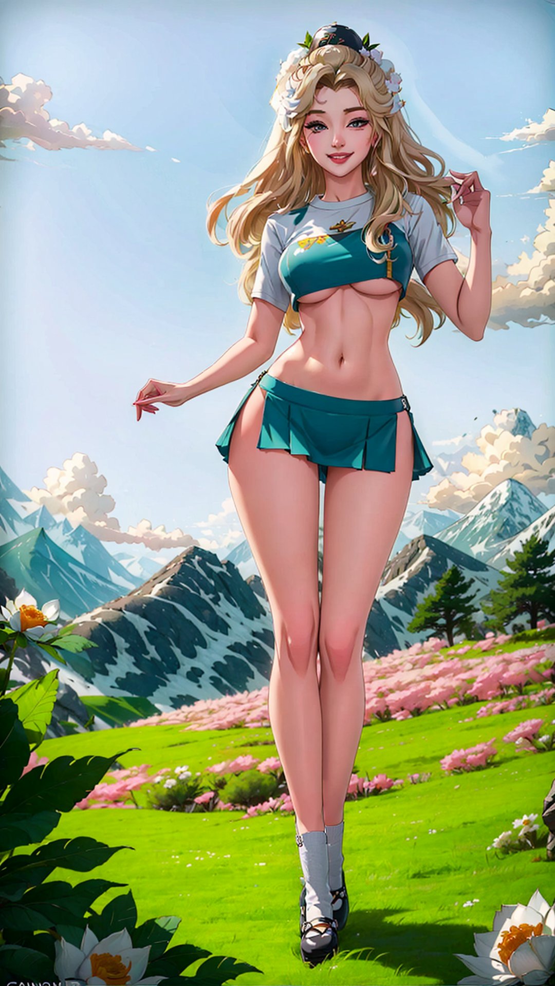 1girl,  full body,  21yo,  fit,  long blond hair,  hair ornaments,  beautiful flower white crop top,  mini skirt,  mary janes,  thigh high,  outdoors,  mountain,  meadow,  dynamic pose,  smirk,  hyper realistic,  absurdres,  masterpiece, guanyin, photorealistic,<lora:EMS-282368-EMS:1.200000>