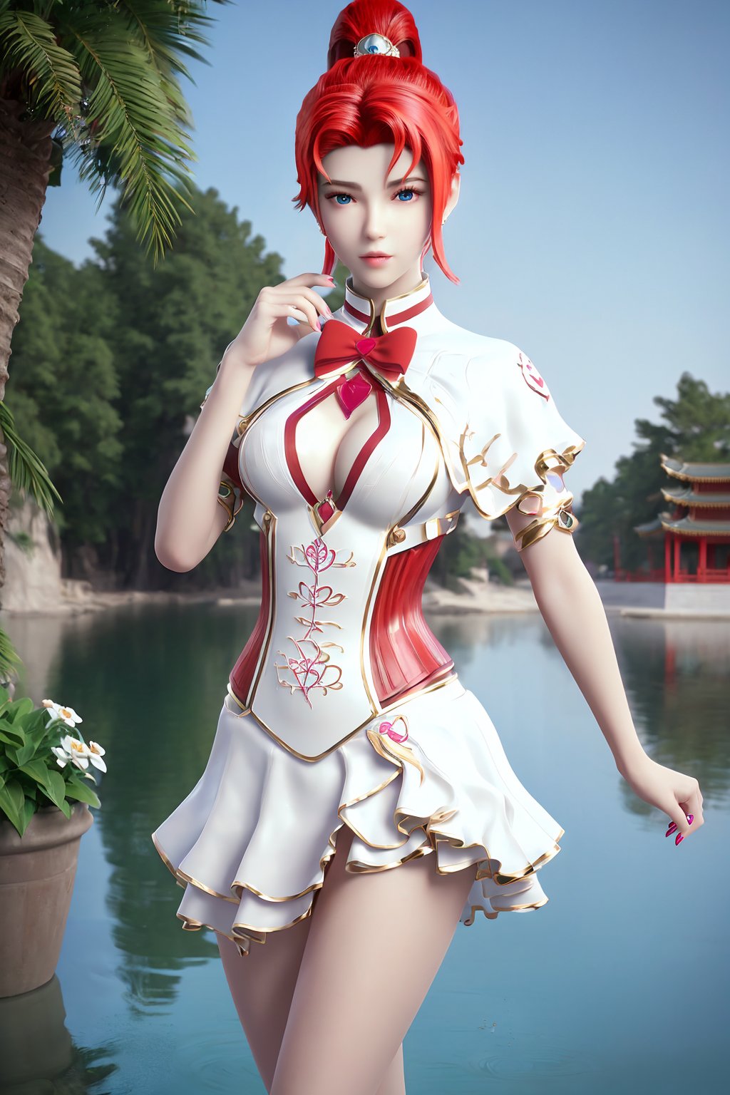 dancing, dress, chinese clothes, looking at viewer, (scenery, east asian architecture,  flower pot, plant, partially_submerged, day), 1girl,solo ,blue eyes, red hair, brooch, bow, ponytail, hair ornament, jewelry, earrings, heart, red bow, (breasts, medium breasts),white legwear, fingernails, nail polish,photo_\(medium\), makeup,(8k, RAW photo, best quality, masterpiece:1.2),(realistic, photorealistic:1.3),ultra-detailed,extremely detailed cg 8k wallpaper,(crystalstexture skin:1.2),(shiny skin:1.2),extremely delicate and beautiful,<lora:syqiangk_李馨2_2.1:0.8>,