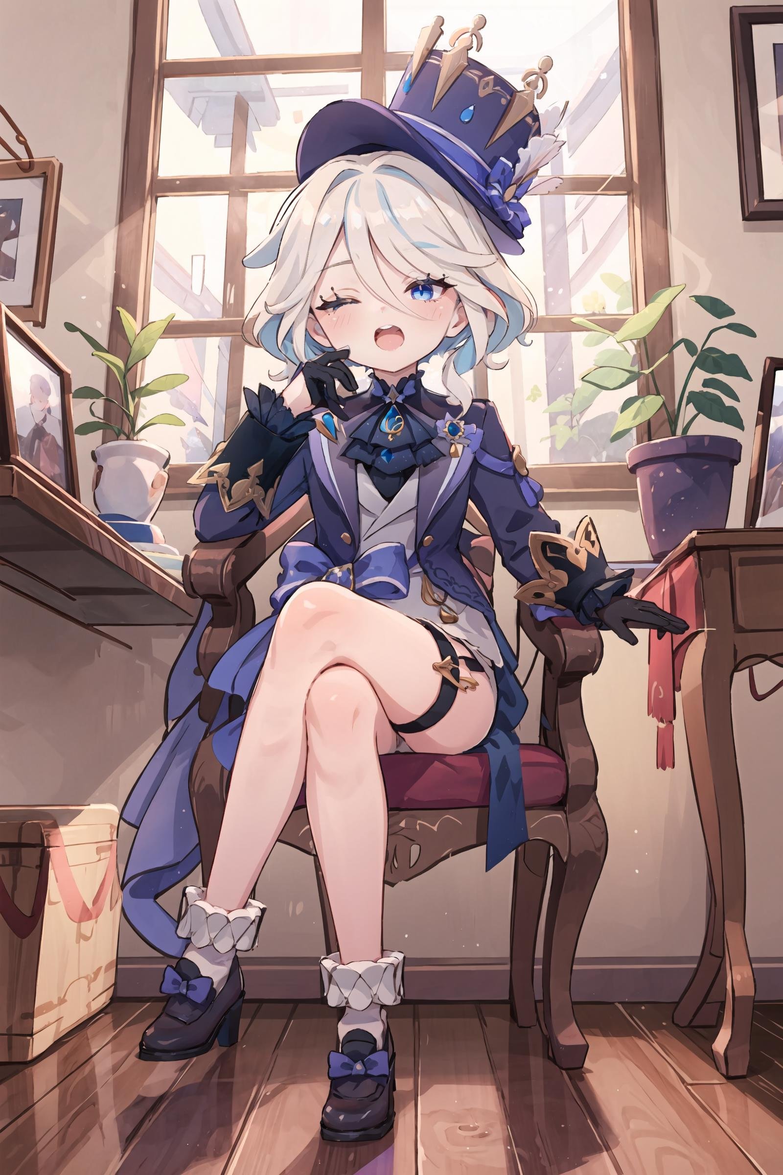 1girl, furina \(genshin impact\), heterochromia, mismatched gloves, top hat, blue jacket, ascot, waist bow, short shorts, thigh strap, high heels, frilled socks, waist cape, looking at viewer, sitting, smug, open mouth, ojou-sama pose, crossed legs, throne, indoors,  <lora:Smug:1>, masterpiece