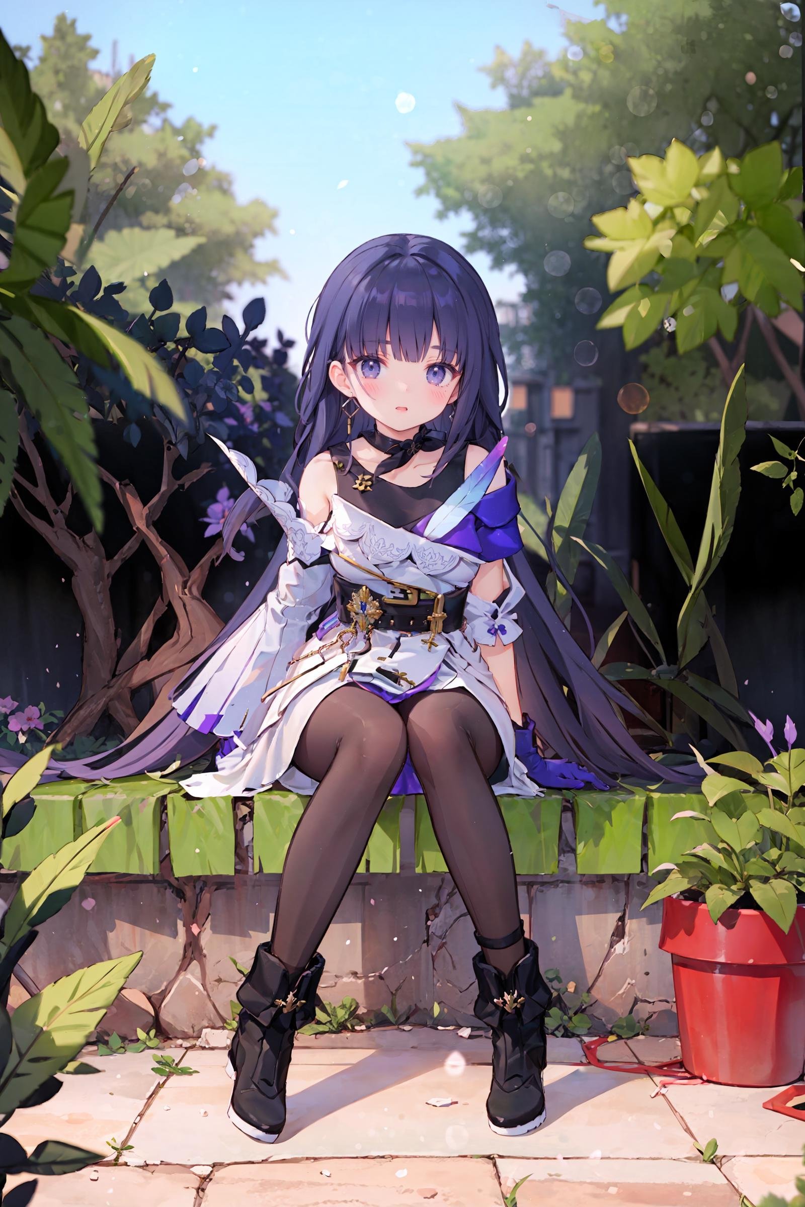 1girl, raiden mei, <lora:Char_Honkai_Raiden_Mei_adult:0.9>, pantyhose, boots, full body, looking at viewer, light smile, single glove, earrings, dress, choker, tank top, sitting, garden, tree, outdoors, bokeh, depth of field