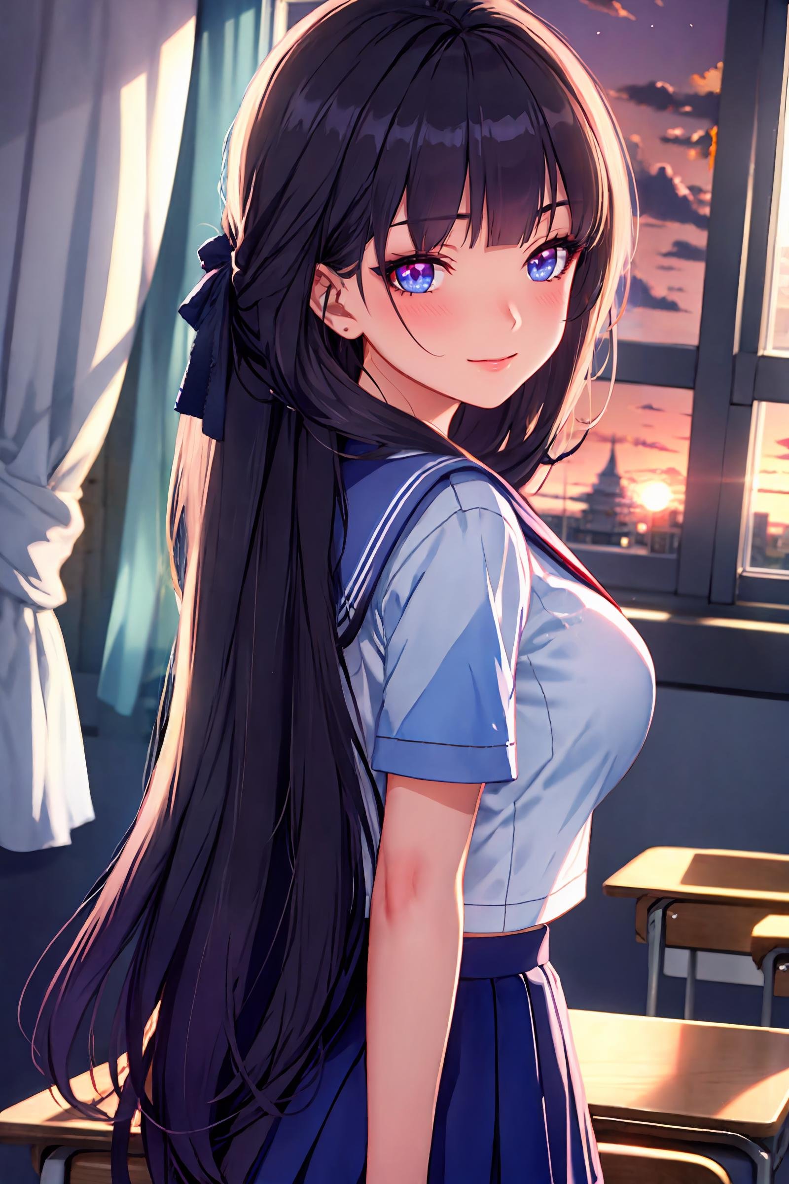 1girl, raiden mei, school uniform, serafuku, cowboy shot, backlighting, sunbeam, sunset, classroom, indoors, window, light smile, blush, looking at viewer, facing viewer, masterpiece