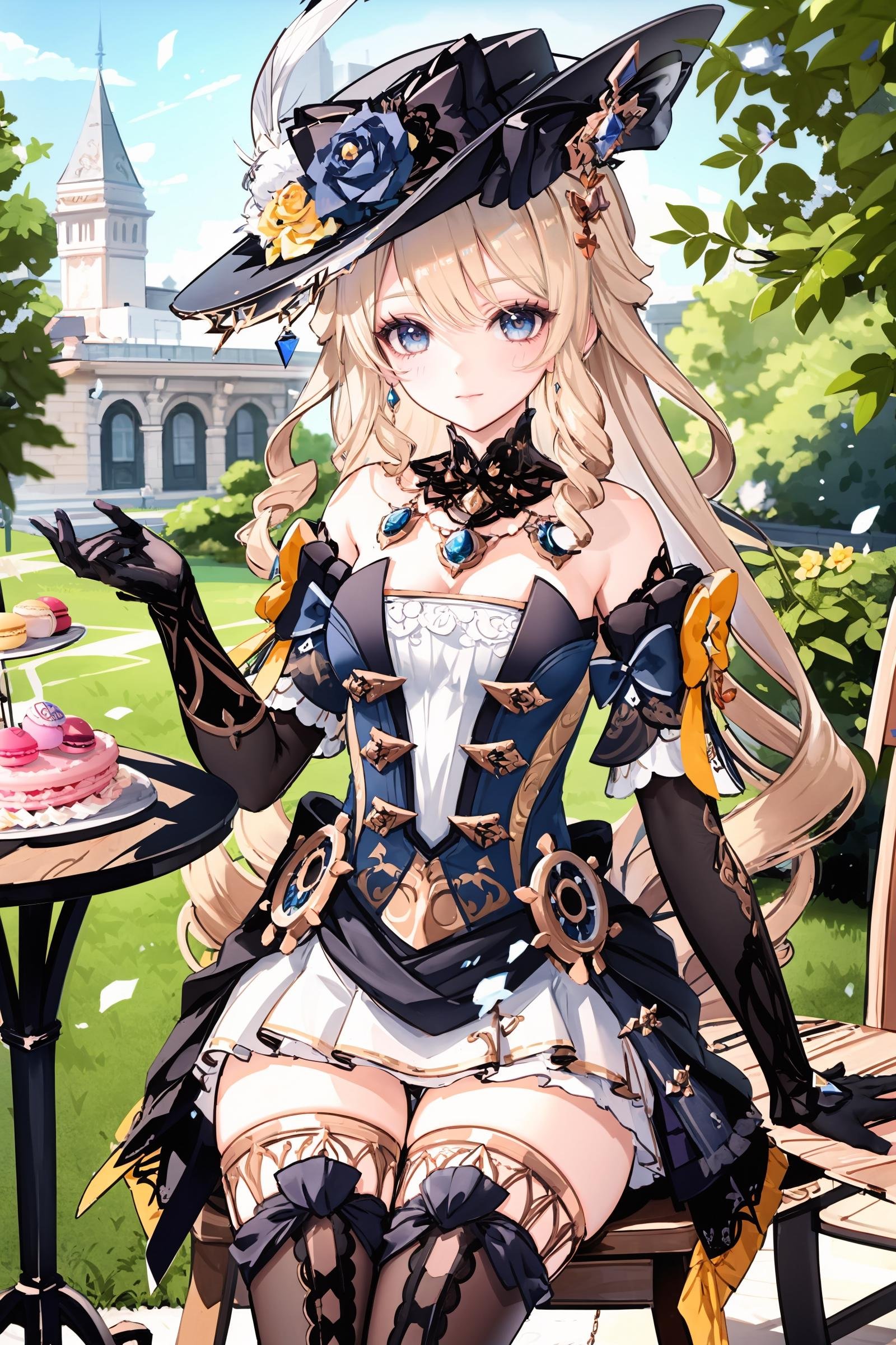 1girl, navia \(genshin impact\), solo, fancy hat, thigh boots, detached sleeves, single glove, strapless dress, detached collar, showgirl skirt, necklace, waist cape, smile, cowboy shot, sitting,  garden, outdoors, depth of field, table, chair, macaron, cake, masterpiece