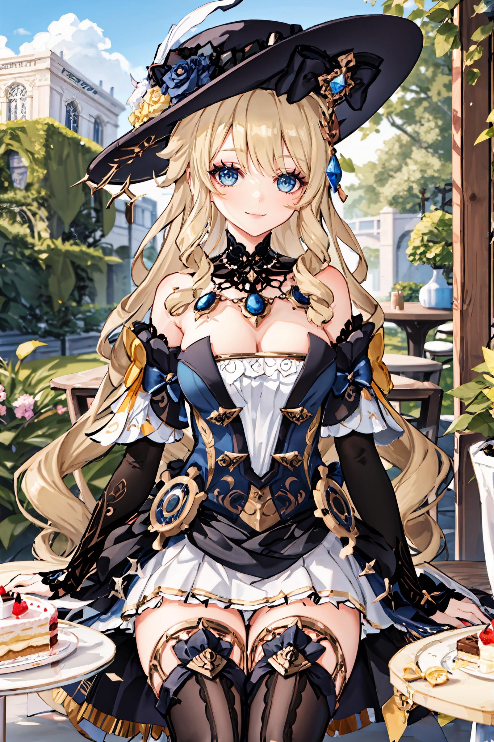 1girl, navia \(genshin impact\), solo, fancy hat, thigh boots, detached sleeves, single glove, strapless dress, detached collar, showgirl skirt, necklace, waist cape, smile, cowboy shot, sitting,  garden, outdoors, depth of field, table, chair, macaron, cake, masterpiece