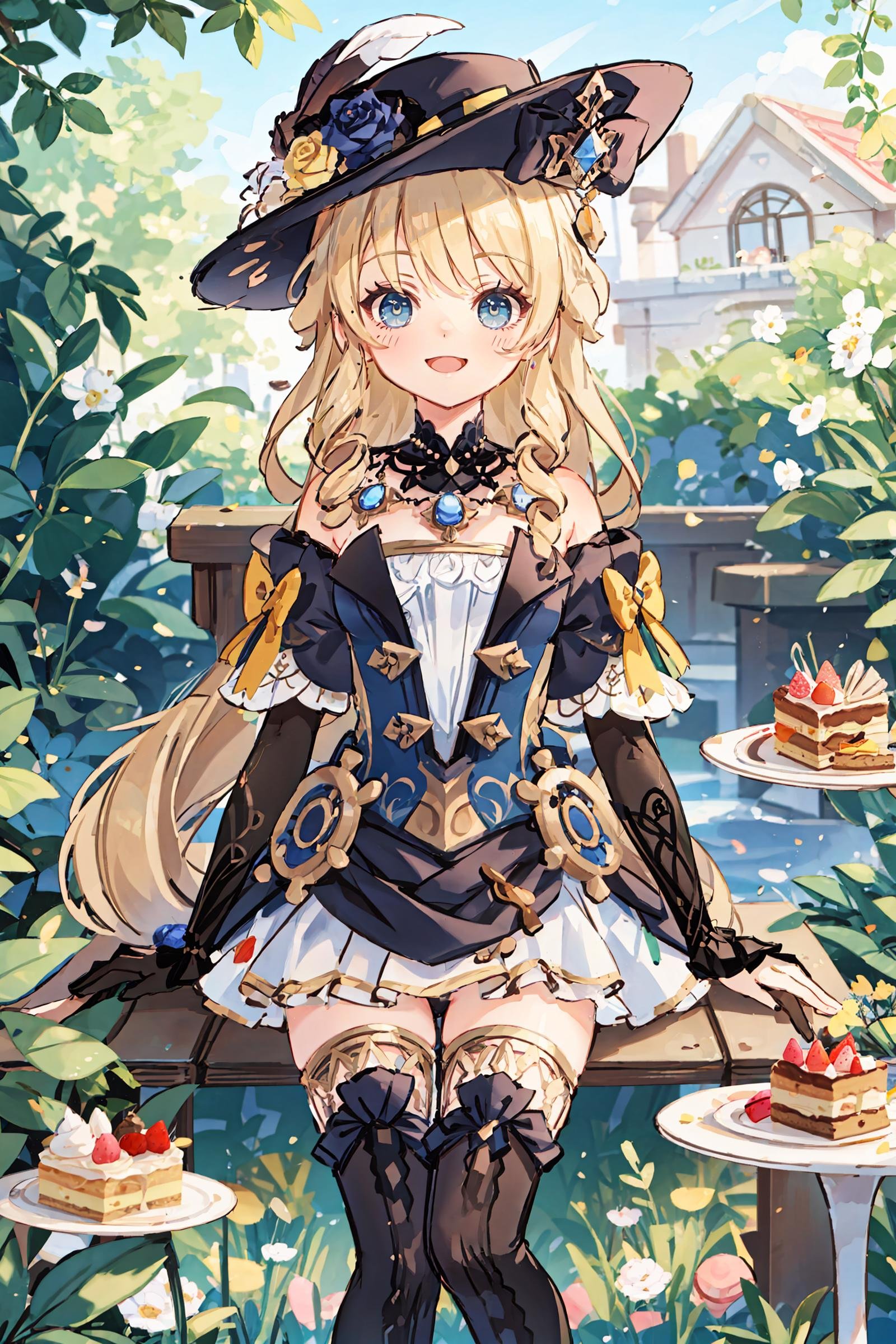 1girl, navia \(genshin impact\), solo, fancy hat, thigh boots, detached sleeves, single glove, strapless dress, detached collar, showgirl skirt, necklace, waist cape, smile, cowboy shot, sitting,  garden, outdoors, depth of field, table, chair, macaron, cake, masterpiece