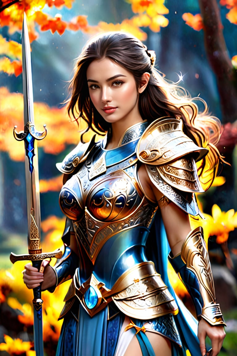 high quality, 8K Ultra HD, ultra-realistic, Behold the breathtaking beauty of the stunning beautiful female magic warrior, the embodiment of an RPG protagonist, now wielding the legendary holy sword, Excalibur, Holding the legendary sword Excalibur, Every detail of beautiful female magic warrior is meticulously crafted, capturing a sense of realism akin to a photo, dorned with celestial runes and symbols, the hilt channels the very essence of the cosmos, empowering her with unrivaled magical might, Her attire is a masterpiece of enchantment, blending midnight blues and silvery hues to create an ethereal aura, Delicate lace and shimmering gemstones adorn her attire, symbolizing the depth of her mystical prowess, A full set of armor, expertly crafted with intricate patterns and celestial motifs, both protects and enhances her magical heritage, by yukisakura, high detailed,