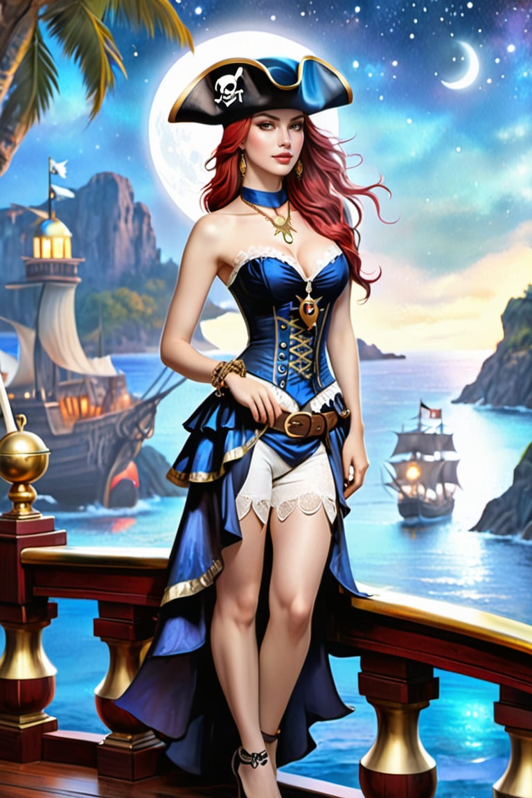 high quality, super realistic, pirate hat, a 20-year-old Pirate Maiden with a celestial beauty rivaling the stars, Picture her poised at the helm of a grand pirate ship, her silhouette defined against the shimmering night sky of a crimson moon, The vessel itself is a maritime masterpiece, adorned with intricate carvings, polished brass embellishments, and an array of mystical symbols, The Scarlet Moonlit Pirate dons a resplendent ensemble blending midnight blues with silvery hues, adorned with delicate lace and glistening gemstones, A star-like pendant gracefully hangs around her neck, emphasizing her bewitching aura, by yukisakura, high detailed,