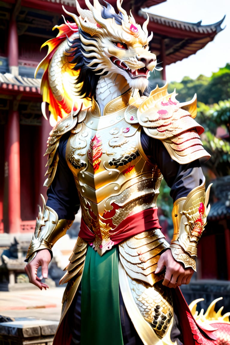 In front of me stands a strikingly handsome Vietnamese lord, his short black hair adorned with white highlights. He is dressed in a regal golden dragon armor, which perfectly complements his chiseled features. In his right hand, he wields a large lion shield, a symbol of his strength and courage. His left hand grips a curved sword, its hilt encrusted with a sparkling ruby, a testament to his wealth and power. A fierce red eastern dragon stands beside him, its scales shimmering in the glare of the sun. The dragon exhales a fiery breath, a clear sign of its loyalty and allegiance to the man.,photo r3al,ao dai,Extremely Realistic,man,men,warrrior,Ao Dai,warrior