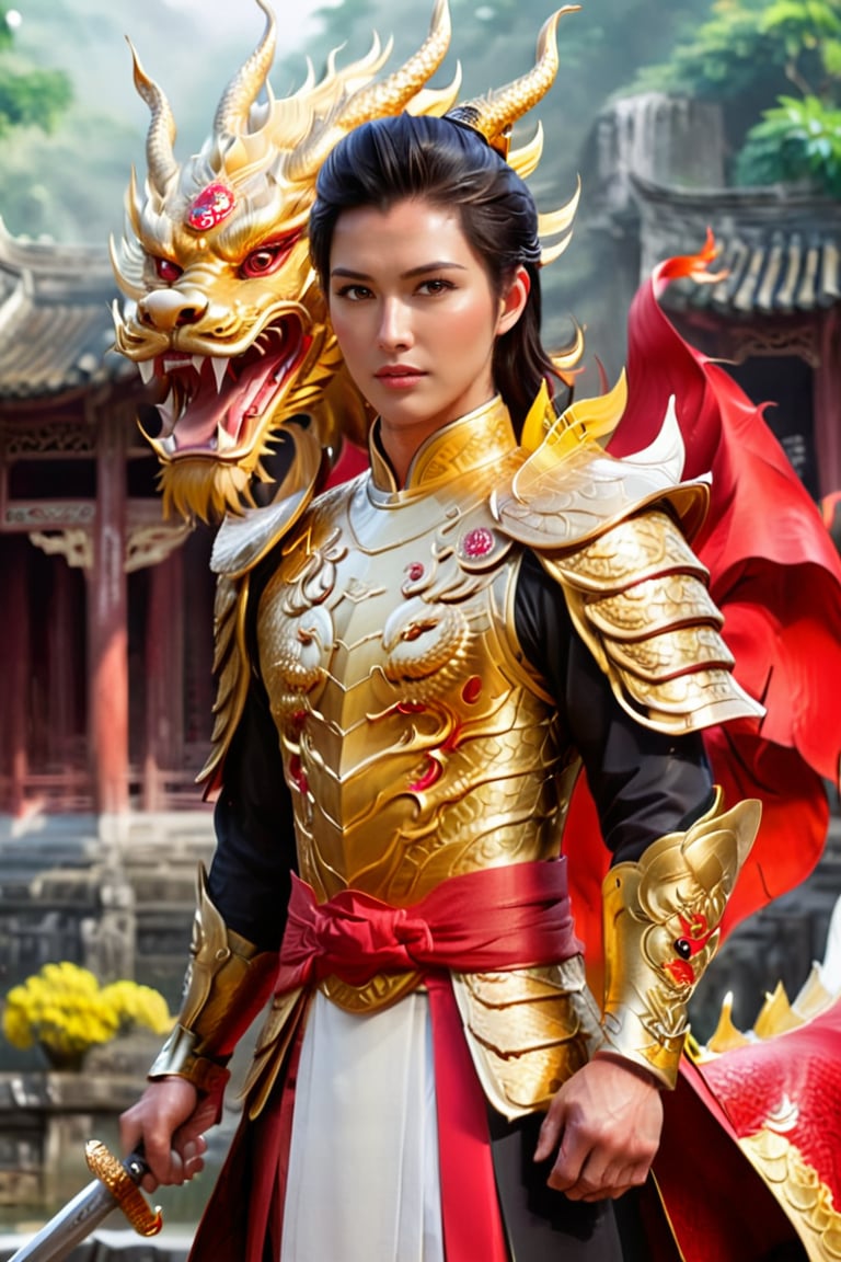 In front of me stands a strikingly handsome Vietnamese lord, his short black hair adorned with white highlights. He is dressed in a regal golden dragon armor, which perfectly complements his chiseled features. In his right hand, he wields a large lion shield, a symbol of his strength and courage. His left hand grips a curved sword, its hilt encrusted with a sparkling ruby, a testament to his wealth and power. A fierce red eastern dragon stands beside him, its scales shimmering in the glare of the sun. The dragon exhales a fiery breath, a clear sign of its loyalty and allegiance to the man.,photo r3al,ao dai,Extremely Realistic,man,men,warrrior,Ao Dai,warrior,handsome,1girl