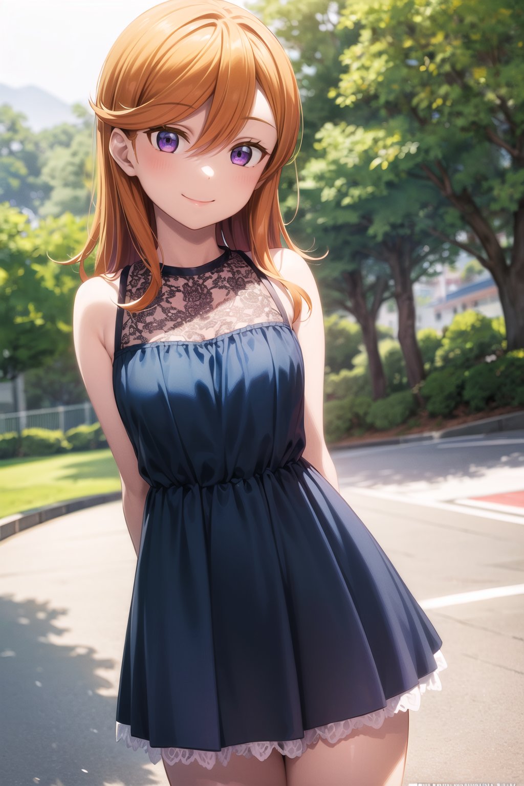 (masterpiece, best quality, ultra-detailed), (illustration), (beautiful detailed eyes), (1girl), <lora:more_details:0.25> <lora:GoodHands-beta2:1>, <lora:KanonLorav2.1:0.6> shibuya kanon, orange hair,  small breasts, blue dress, outdoors, cowboy shot, smile, arms behind back, 