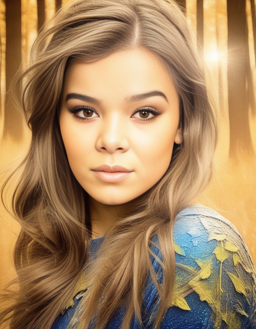 HaileeSteinfeld, portrait,close up of a Serbian Female, Alhambresque Blonde hair, autumn forest, Bokeh, Rough sketch, 60s Art, Sepia filter, dripping with DayGlo blue, poster art, <lora:HaileeSteinfeldSDXL:1>