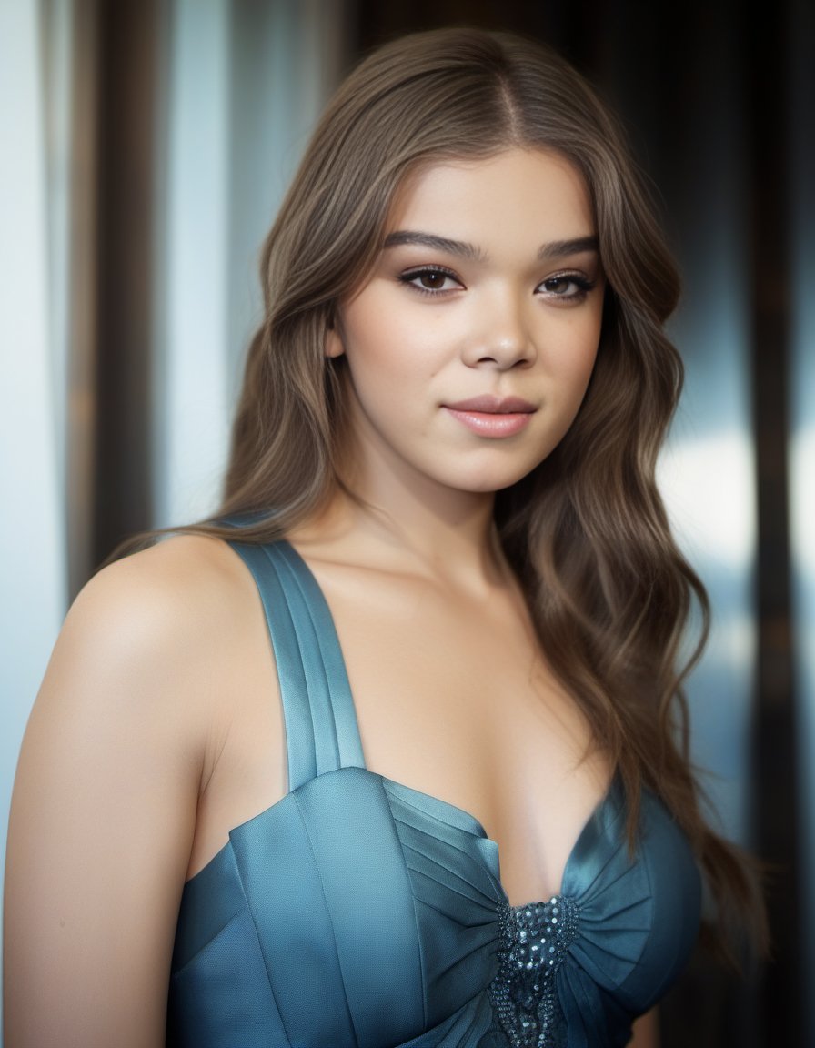 HaileeSteinfeld,<lora:HaileeSteinfeldSDXL:1>,Realistic photo of a beautiful woman, 1girl, solo, long hair, breasts, blue eyes, blonde hair, dress, jewelry, upper body, indoors, bracelet, lips, looking to the side, window, blue dress, realistic, soft lighting, professional Photography, Photorealistic, detailed, RAW, analog, sharp focus, 8k, HD, DSLR, high quality, Fujifilm XT3, film grain, award winning