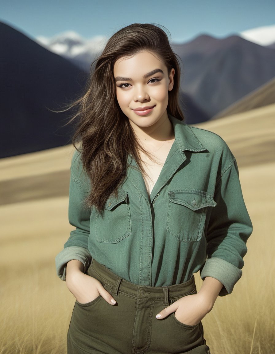 HaileeSteinfeld, photograph, Acclaimed Messy buff Girl, wearing Dreamlike Lovecraftian Straw deep green Boyfriend jeans, One Hand in Pocket, inside The Andes Mountains, Smiling, Phase One XF IQ4 150MP, F/8, <lora:HaileeSteinfeldSDXL:1>