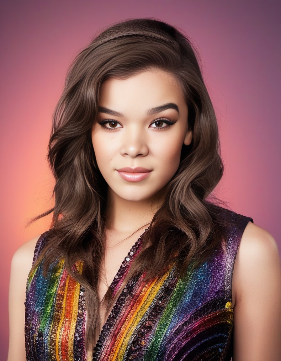 HaileeSteinfeld, portrait,close up of a Monstrous tall Female, behance, Nonchalant Short bob hairstyle, Folk Art, short lighting, dark rainbow hue, <lora:HaileeSteinfeldSDXL:1>