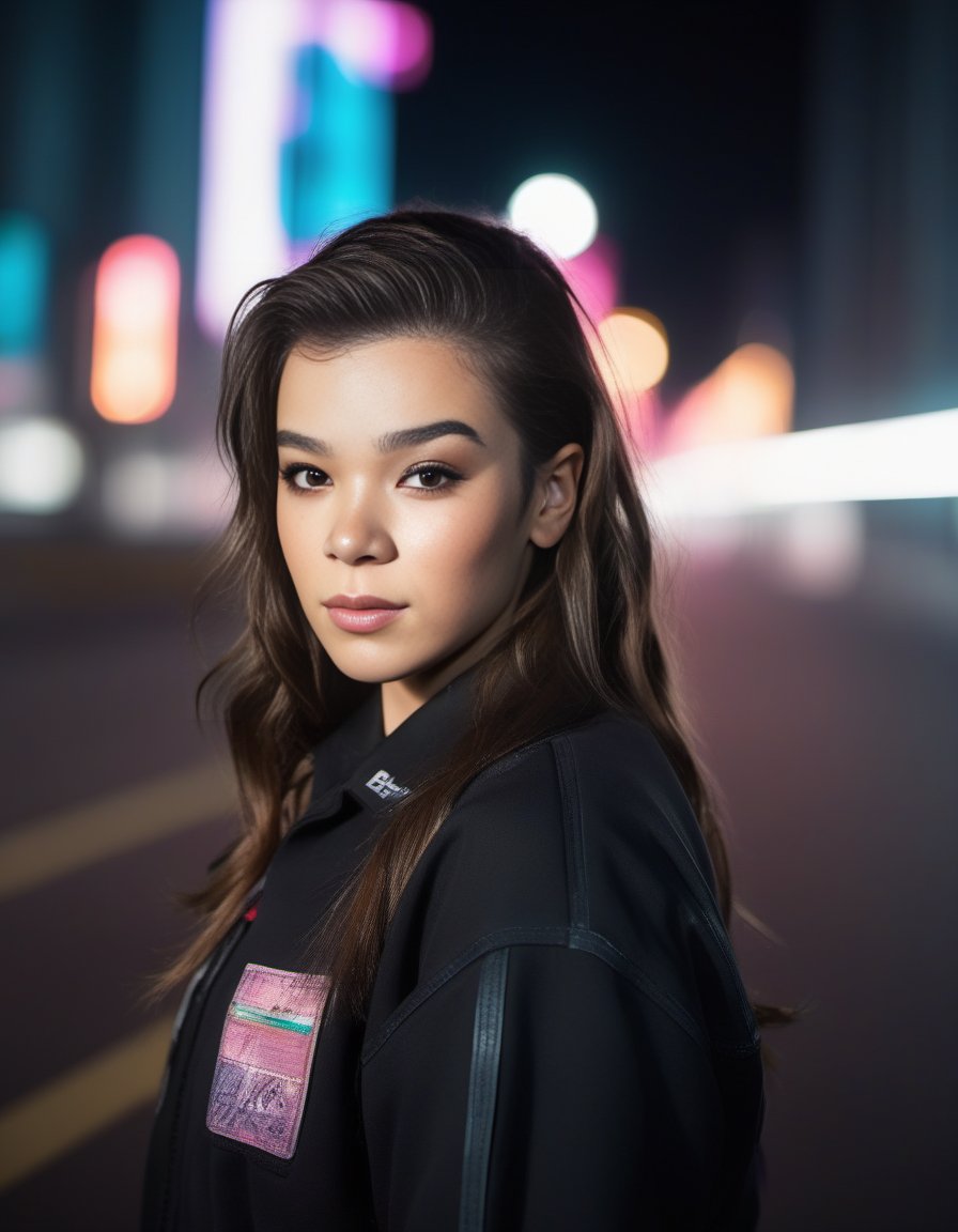 HaileeSteinfeld,<lora:HaileeSteinfeldSDXL:1> (8k, RAW photo, best quality, masterpiece:1.2), (realistic, photo-realistic:1.37), ultra highres, depth of field, chromatic aberration, caustics, Broad lighting, natural shading,Fujifilm XT3,ultra detailed,cyberpunk uniform,1girl, solo,standing, looking at viewer, outdoors,street