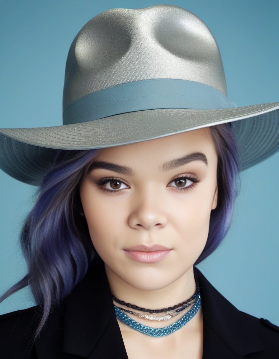 HaileeSteinfeld,<lora:HaileeSteinfeldSDXL:1>,Realistic photo of a beautiful woman, 1girl, solo, long hair, hat, jewelry, blue hair, jacket, multicolored hair, necklace, bracelet, lips, realistic, fashion, soft lighting, professional Photography, Photorealistic, detailed, RAW, analog, sharp focus, 8k, HD, DSLR, high quality, Fujifilm XT3, film grain, award winning, masterpiece